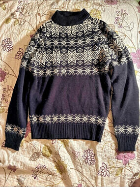 KINGSPORT Vintage Fair Isle Nordic Mock Neck Sweater Black & White Medium